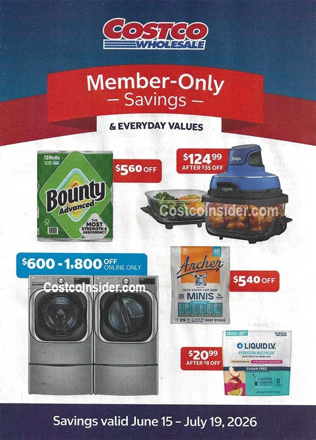 Costco June and July 2026 Coupon Book cover showing Liquid I.V., Archer beef sticks, Ninja air fryer, and Bounty paper towels — valid June 15 to July 19, 2026
