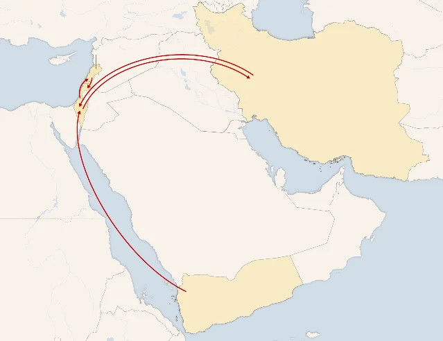 Regional map showing Israel-Lebanon-Iran strikes and Houthi missile trajectory, June 8 2026