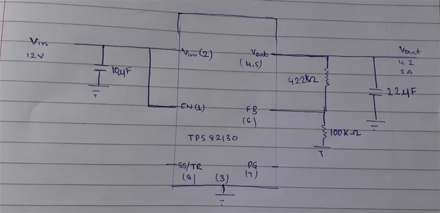 提问者上传的手绘原理图:Vin 12 V 经 10 µF 输入电容接到 VIN(2),EN(1) 直接并到输入,FB(6) 接 422 kΩ 与 100 kΩ 的分压,输出端画了一颗 22 µF,右侧标注 Vout 4.2 V、3 A