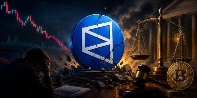 Cracked Polymarket logo, descending K-line chart, and a justice scale with Bitcoin — illustration of the MSTR dispute controversy