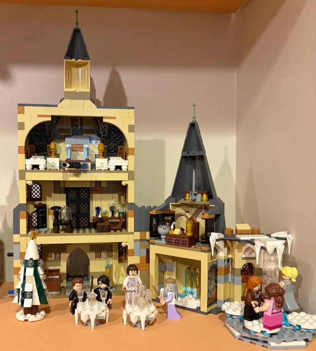 Assembled LEGO Harry Potter 75948 Hogwarts Clock Tower displayed with its minifigure line-up