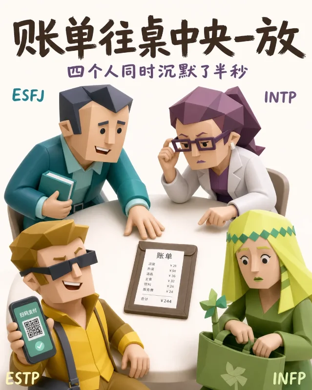 账单往桌中央一放，四个人同时沉默了半秒