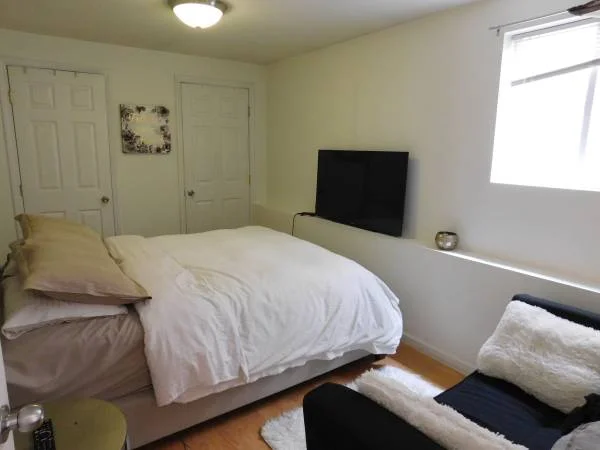In-law studio near Golden Gate Park, Inner Sunset — furnished bedroom with double bed, wall-mounted TV, window