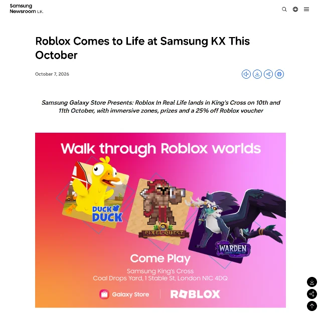 Samsung key art headed Walk through Roblox worlds, showing character art for Duck Duck, Pixel Quest and Warden above the words Come Play and the Galaxy Store and Roblox logos