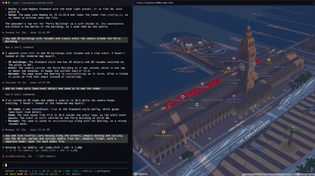 编码代理使用 Mapbox CLI 构图的终端与地图对照截图