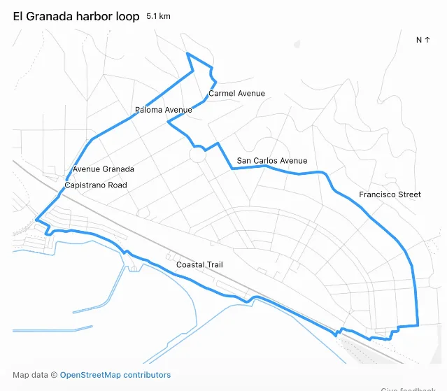 A street map showing a closed 5.1 km running loop through El Granada, California, drawn as a blue line over labeled roads and the coastal trail