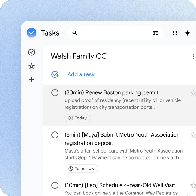 The shared task list under the group's name, holding a parking permit renewal, a child's after-school registration deposit, and a four-year-old's well visit