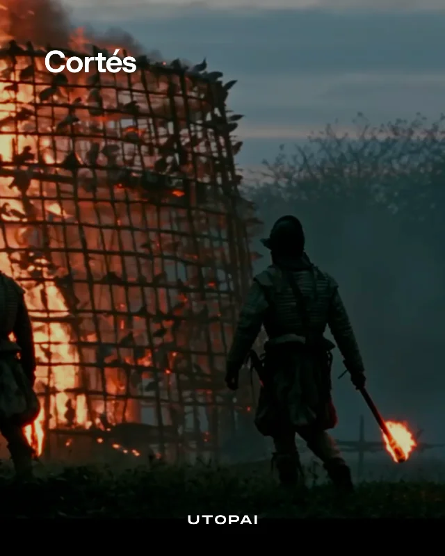 《Cortés》剧照:一名士兵举着火把走向燃烧的木笼