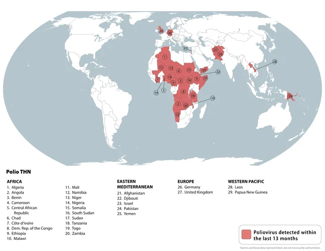 World map marking the countries where poliovirus has been detected in the past 13 months