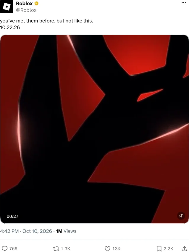 Roblox's post on X announcing The Hollow with a 27-second teaser video