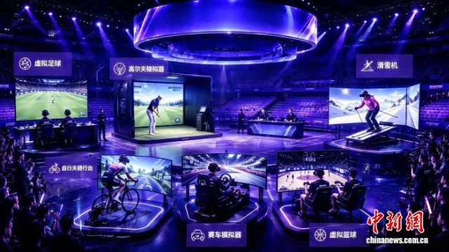 虚拟体育公开赛现场,多个运动项目在室内设备上同时进行