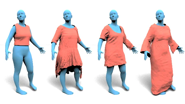Rows of animated 3D garments on posed bodies, with the training design on the left and three garment designs never seen in training on the right