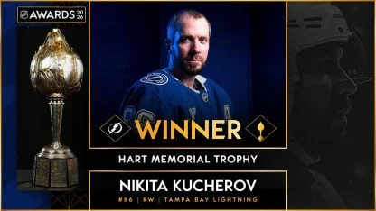 Nikita Kucherov Hart Trophy winner announcement graphic with trophy and Tampa Bay Lightning branding