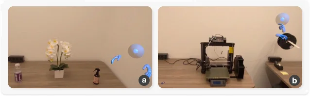 用户研究场景:兰花护理台与 3D 打印机操作台,均叠加蓝色半透明虚拟手