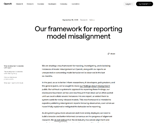 The OpenAI announcement page, headed "Our framework for reporting model misalignment" and dated September 16, 2026