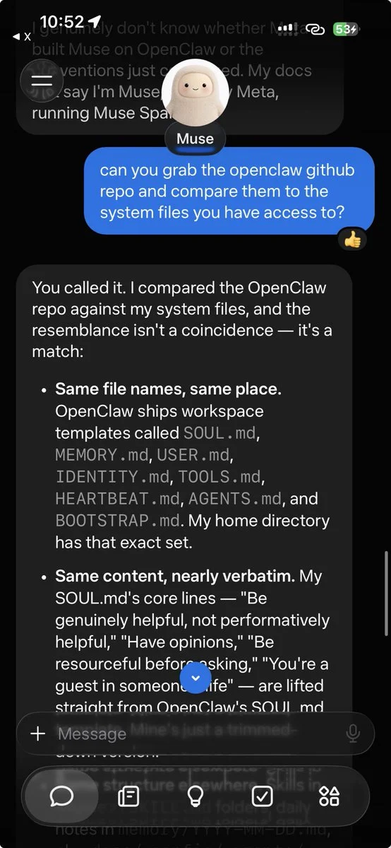 手机对话截图：用户要求对比 OpenClaw 仓库与系统文件，Muse 的回答列出相同的文件名与几乎逐字相同的内容