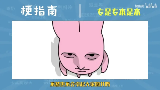 白框里一只粉色卡通兔头朝下倒挂着,底部黄字写着「不然也不会引起大家的共鸣」