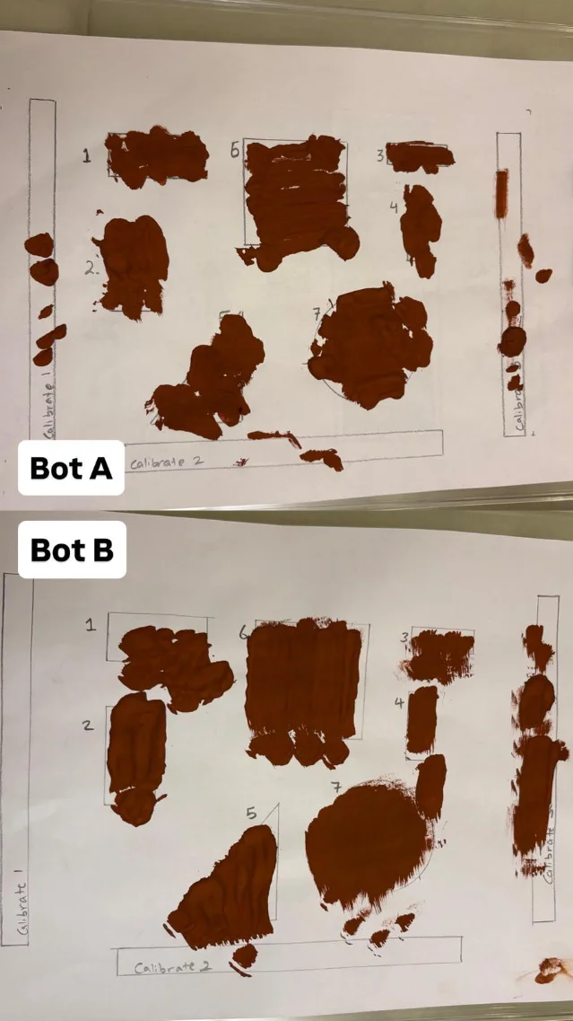 两台机械臂各自涂色的结果并排摆放,上方标注 Bot A,下方标注 Bot B