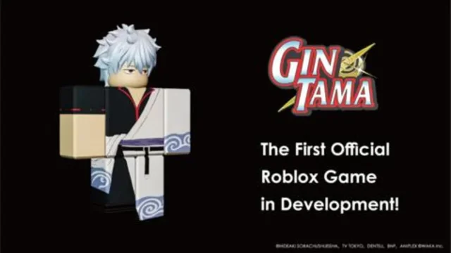 Official key art for the upcoming Gintama Roblox game showing a silver-haired avatar in traditional attire beside the series logo