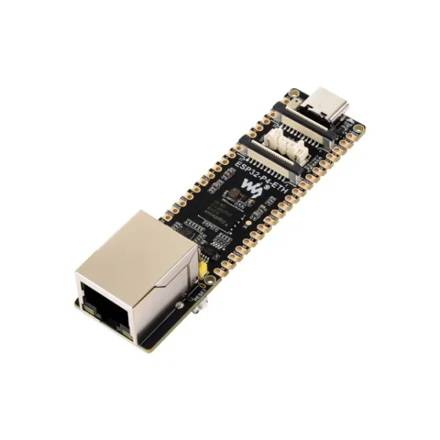 Waveshare ESP32-P4-ETH development board with its Ethernet connector, USB-C connector, and CSI camera interface.