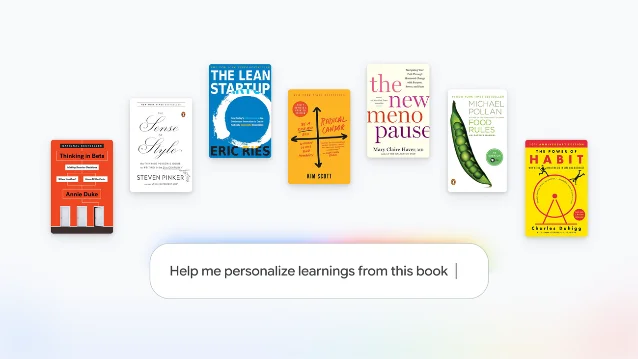 Google Gemini Notebook interface beside a book cover and a generated visual artifact