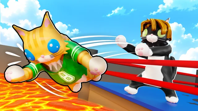 Cat Battles official listing art: an orange tabby in a green jersey throwing a punch at a black and white cat across a boxing ring, with lava below and a blue sky behind