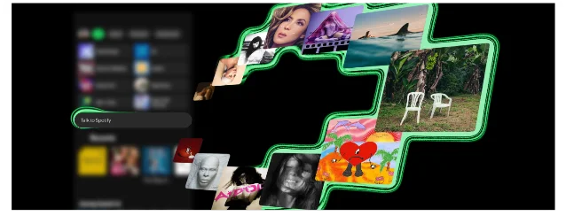 Spotify’s Talk to Spotify product visual showing a phone and the playback interface
