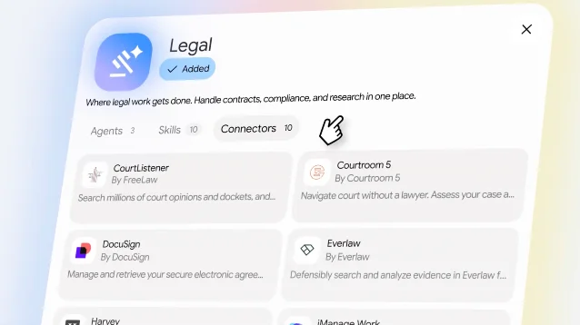 Gemini Enterprise for Legal product card with Agents, Skills, and Connectors tabs