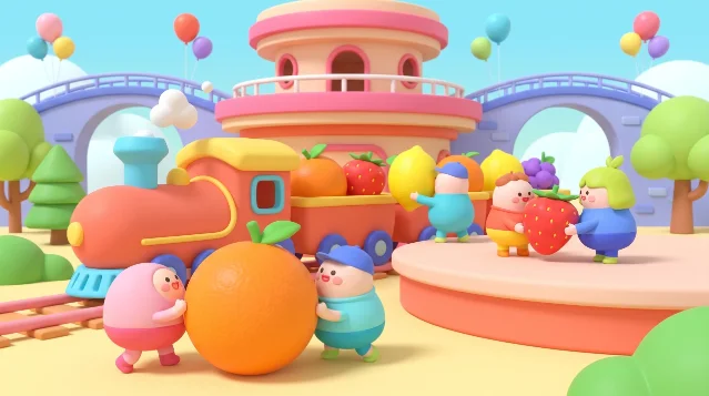 animated-voiceover 的公开风格预览：彩色 3D 小火车与角色场景。