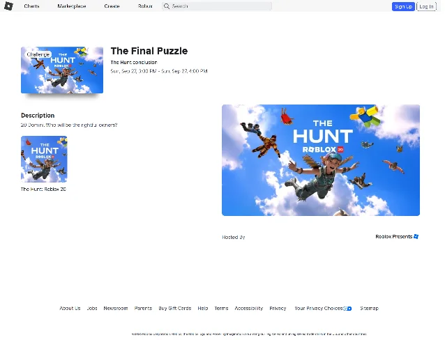 Roblox's event listing for The Final Puzzle, showing the window Sunday 27 September 3:00 PM to 4:00 PM and the description 20 Domini. Who will be the rightful owners?