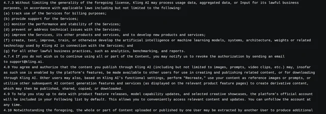 Kling AI Terms of Service clauses 4.7.3 to 4.10, including the training licence, the email opt-out and the clause letting other users recreate published content