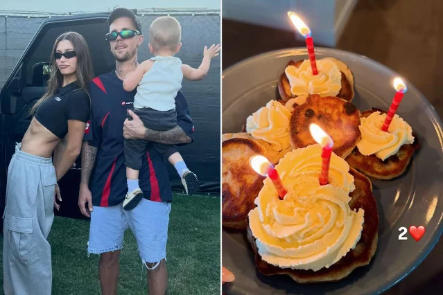 Justin and Hailey Bieber with Jack Blues beside a plate of birthday pancakes