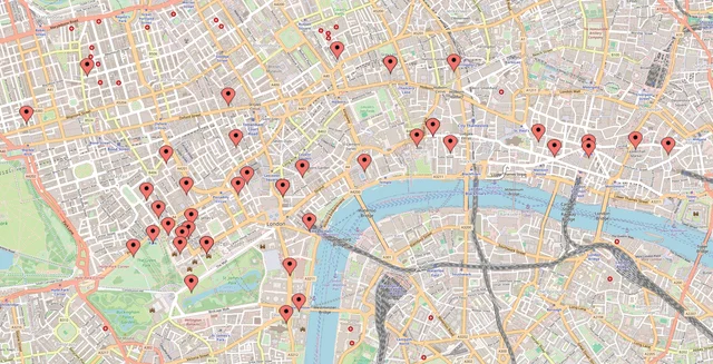 A street map of central London with red pins marking attack locations across the City and the West End