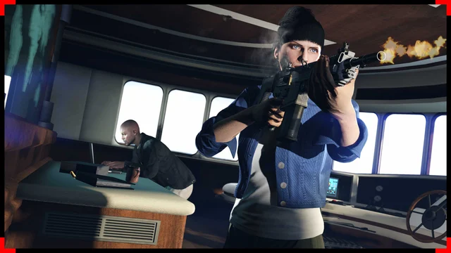 A player aims a rifle from inside a yacht during a heist.