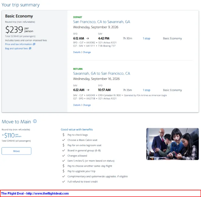 AA booking screen showing $238.40 roundtrip SFO–CLT–SAV Sep 9–16, with Move to Main upsell at $348.40