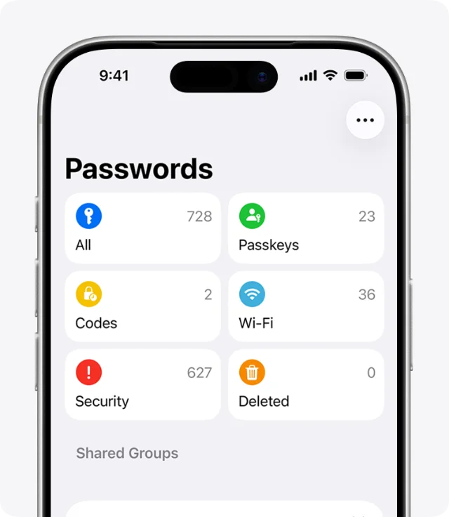 密码 App 首页,六个分类与共享群组区块,All 显示 728、Security 显示 627