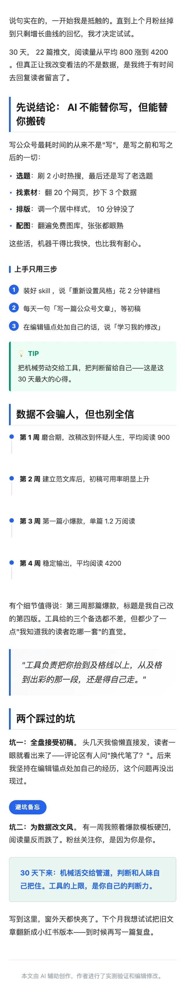 wewrite 的 professional-clean 排版预览:展示公众号文章的标题、引用、步骤、提示块和数据段落。