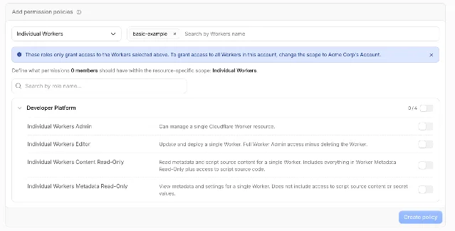 The Cloudflare dashboard's Add permission policies form, with the scope set to Individual Workers and the four roles listed under Developer Platform