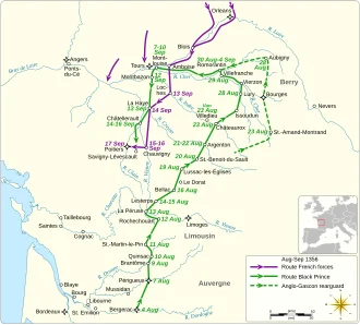 Map showing the Anglo-Gascon campaign and the French army’s movements in 1356