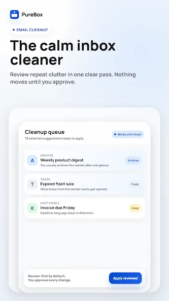 PureBox 的清理队列截图,显示 Archive、Trash、Keep visible 三种建议及 Apply reviewed 按钮