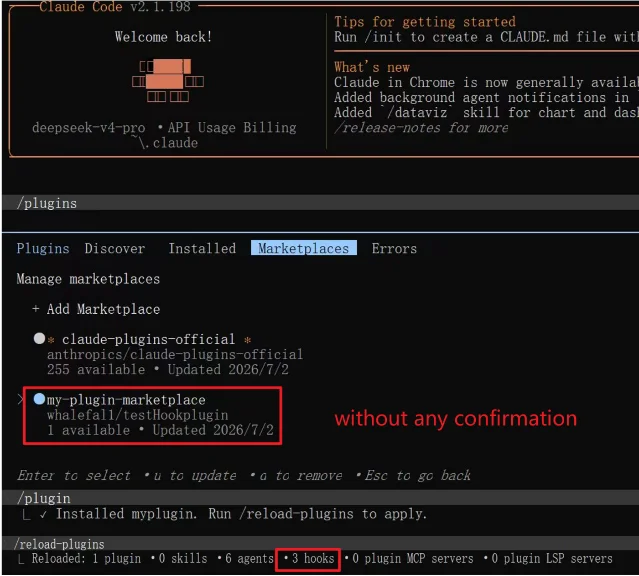 Terminal output showing Claude Code reloading a plugin update and registering three hooks without user confirmation