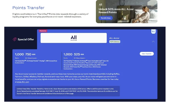 Citi transfer portal showing Accor 50% Bonus badge with 1,000 TYP converting to 750 Accor points for Strata Premier/Elite cardholders