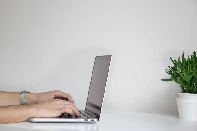 Hands typing on a laptop at a white desk with a small plant beside it