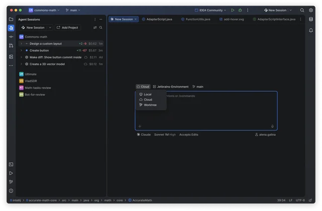 A new-session prompt box in a JetBrains IDE with an environment menu open offering Local, Cloud and Worktree, above a footer reading Claude, Sonnet 1M High, Accepts Edits