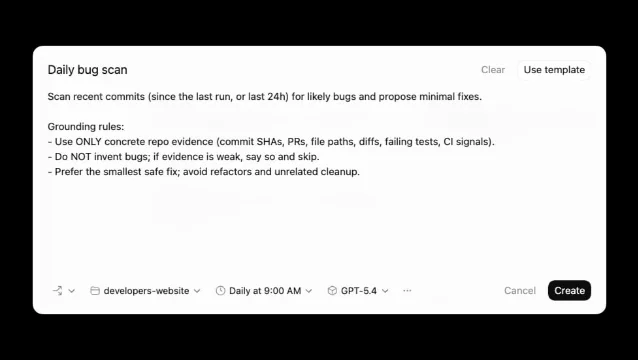 OpenAI Codex Automations 页面示意图