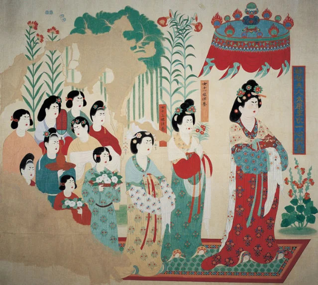 莫高窟第130窟甬道南壁都督夫人供养像,人物与题签在残损壁面上仍可辨认