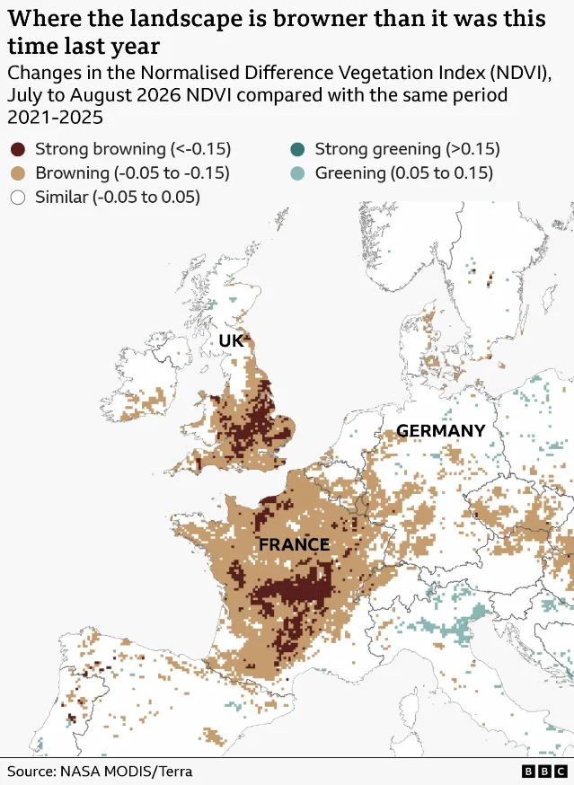 Satellite comparison showing vegetation stress across western Europe