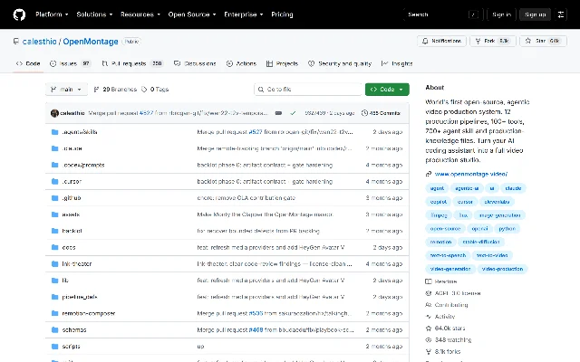 GitHub 上 calesthio/OpenMontage 的仓库首页
