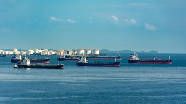 Cargo vessels docked near oil storage tanks — a scene representative of the Black Sea commercial shipping lanes now facing elevated drone-strike risk