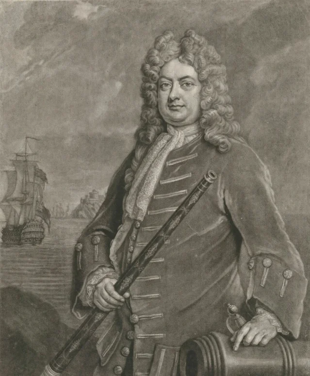 Engraved portrait of Sir Thomas Hardy holding a telescope with sailing ships in the background